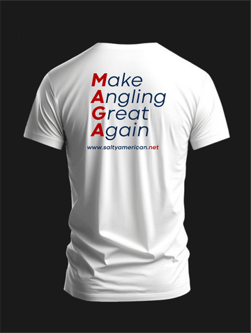 White t-shirt with text 'Make Angling Great Again' on a black background